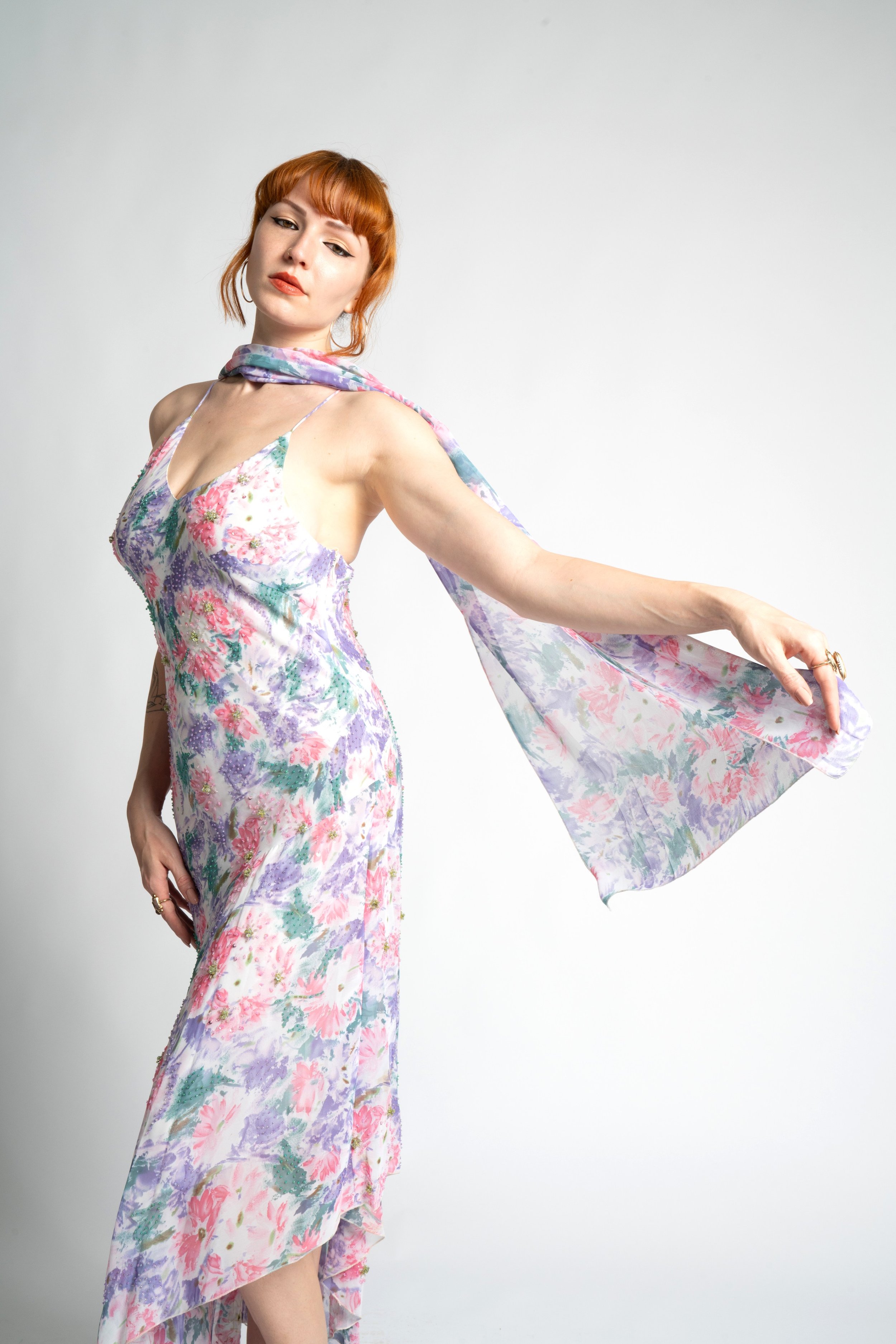 Y2K Diane Freis Purple Floral Asymmetrical Dress-M/L — La